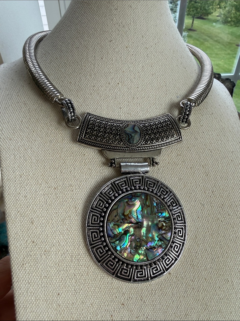 Silver Tone Abalone Pendant Statement Necklace - Unbranded